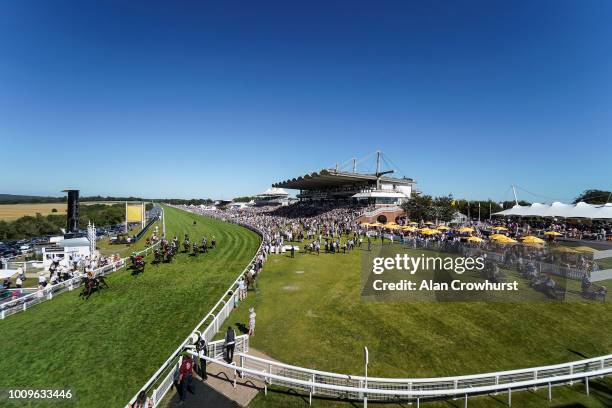 General view as Paul Hanagan riding More Than This ease down after winning The Telegraph Nursery Handicap Stakes at Goodwood Racecourse on August 2,...