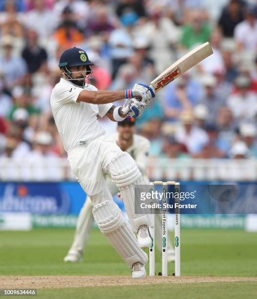 India batsman Virat Kohli hits out during day two of the First Specsavers Test Match between England and India at Edgbaston on August 2, 2018 in...