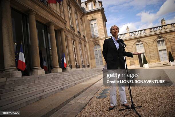 French Economy, Industry and Employment Minister Christine Lagarde addresses the press at the Elysee Palace in Paris on May 1, 2010 after a meeting...