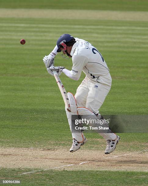 Joe Sayers of Yorkshire avoids a bouncer during the LV County Championship match between Hampshire and Yorkshire on May 26, 2010 in Southampton,...