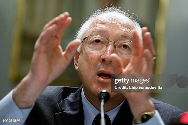 Interior Secretary Ken Salazar testifies before the House Committee on Natural Resources during a hearing on Capitol Hill on May 26, 2010 in...