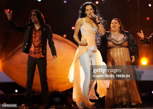 Eva Rivas from Armenia performs her song "Apricot Stone" on May 26, 2010 in Oslo during a rehearsal for the second semi-final of the Eurovision Song...