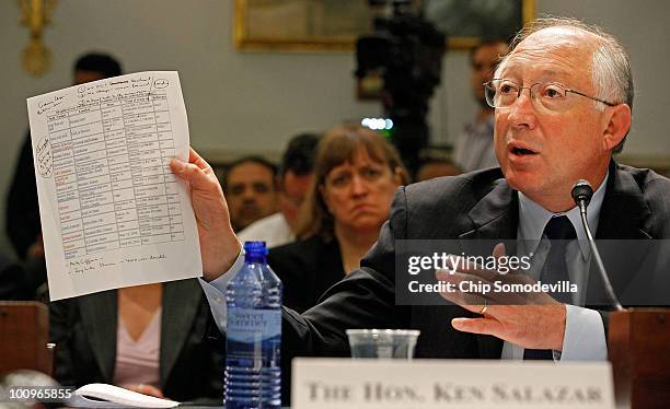 Interior Secretary Ken Salazar holds up a document listing previous major oil spills while testifying before the House Committee on Natural Resources...