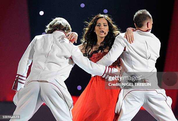 Sofia Nizharadze from Georgia perform their song "Shine" on May 26, 2010 in Baerum, near Oslo during a rehearsal for the second semi-final of the...
