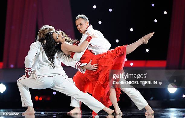 Sofia Nizharadze from Georgia perform their song "Shine" on May 26, 2010 in Baerum, near Oslo during a rehearsal for the second semi-final of the...