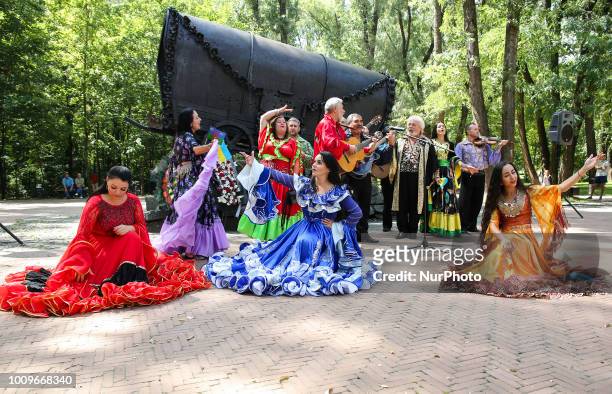 Romani people attend a remembrance ceremony at the Nomad-caravan memorial of the victims of Holocaust in Kyiv, Ukraine, August 2,2018. Roma Holocaust...