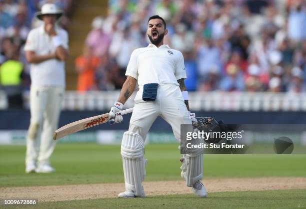 India batsman Virat Kohli celebrates his century during day two of the First Specsavers Test Match between England and India at Edgbaston on August...
