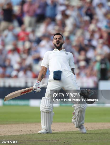 India captain Virat Kohli celebrates his 100 not out during day two of the Specsavers First Test match at Edgbaston, Birmingham.during day two of the...