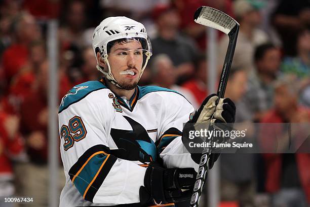 Logan Couture of the San Jose Sharks looks on while taking on the Chicago Blackhawks in Game Four of the Western Conference Finals during the 2010...