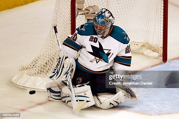 Goaltender Evgeni Nabokov of the San Jose Sharks makes a save while taking on the Chicago Blackhawks in Game Four of the Western Conference Finals...