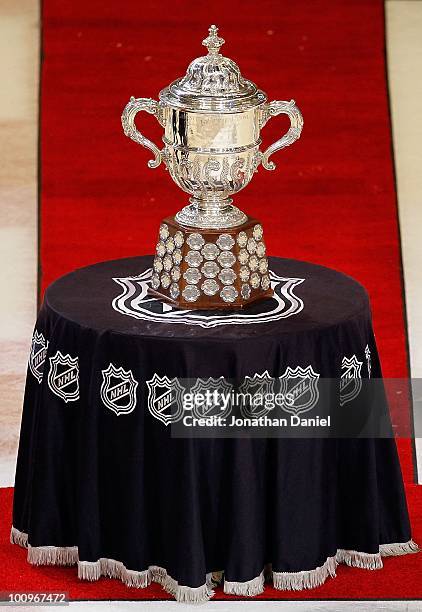 The Campbell Trophy is displayed prior to being awarded to the Chicago Blackhawks after winning the Western Conference after the Blackhawks 4-2...