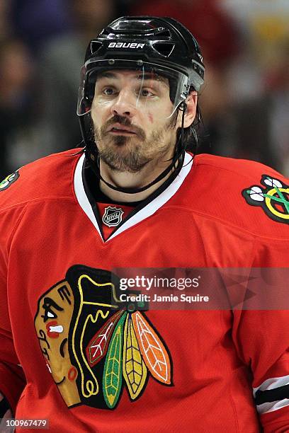 Brent Sopel of the Chicago Blackhawks looks on while taking on the San Jose Sharks in Game Four of the Western Conference Finals during the 2010 NHL...