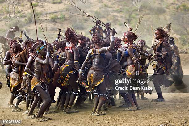 Women of the Hamar Tribe dance during a wedding celebration in the village of Unga Bayno. The dancing takes place in conjunction with a ceremonial...