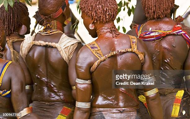 Wearing the scars and marks of being whipped during a wedding ceremony, some women of the Hamar Tribe participate in a Bull Jumping ceremony in the...