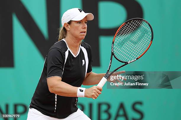 Lisa Raymond of the United States waits to receive during her women's doubles first round match between Rennae Stubbs of Australia and Lisa Raymond...