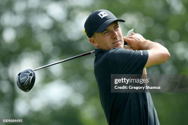 Jordan Spieth plays his shot from the sixth tee during World Golf Championships-Bridgestone Invitational - Round One at Firestone Country Club South...