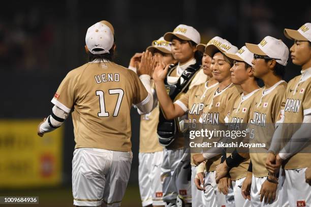 Yukiko Ueno of Japan in introduced onto the field ahead of the Preliminary Round match between Japan and Italy on day one of the WBSC Women's...