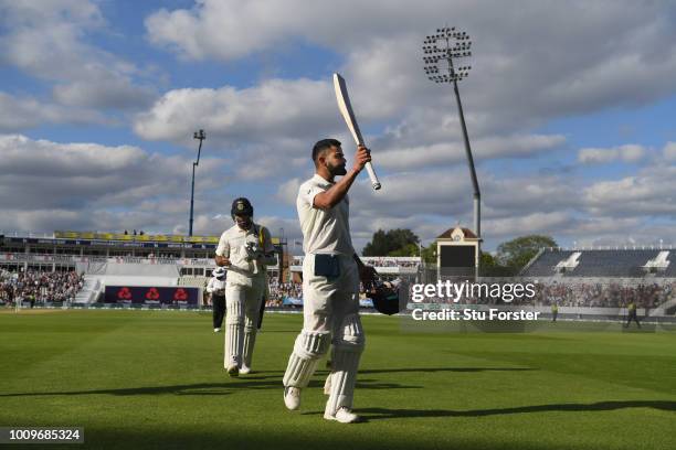 India batsman Virat Kohli leaves the field after his innings of 149 during day two of the First Specsavers Test Match between England and India at...