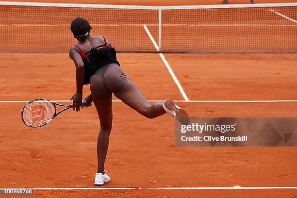 Venus Williams of the United States serves during the women's singles second round match between Venus Williams of the United States and Arantxa...