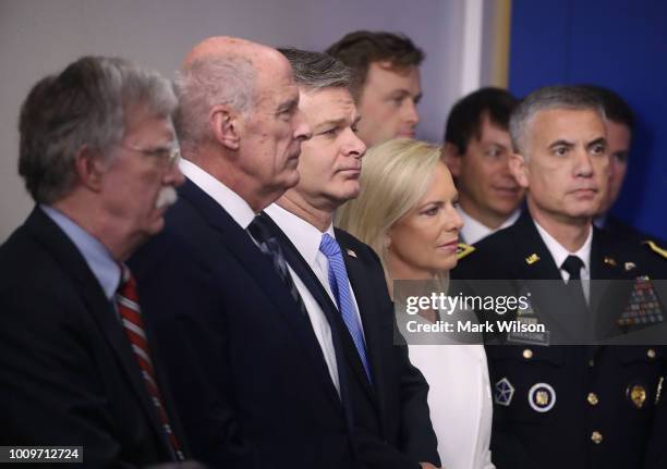 National Security Advisor John Bolton, Director of National Intelligence Dan Coats, FBI Director Christopher Wray, Secretary of Homeland Security is...