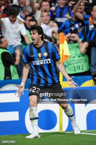 Diego Milito of Inter Milan celebrates after scoring the second of his two goals during the UEFA Champions League Final match between Bayern Munich...