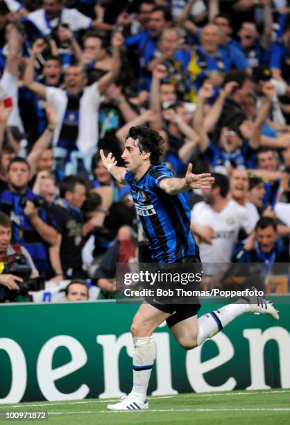 Diego Milito of Inter Milan celebrates after scoring the second of his two goals during the UEFA Champions League Final match between Bayern Munich...