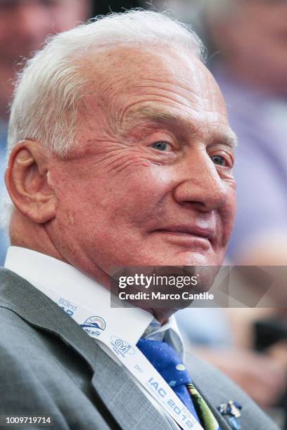 Buzz Aldrin, one of the famous astronauts who set foot for the first time on the moon in 1969, during a press conference.