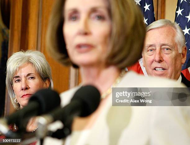 Speaker of the House Rep. Nancy Pelosi speaks as House Majority Leader Rep. Steny Hoyer , and Secretary of Health and Human Services Kathleen...