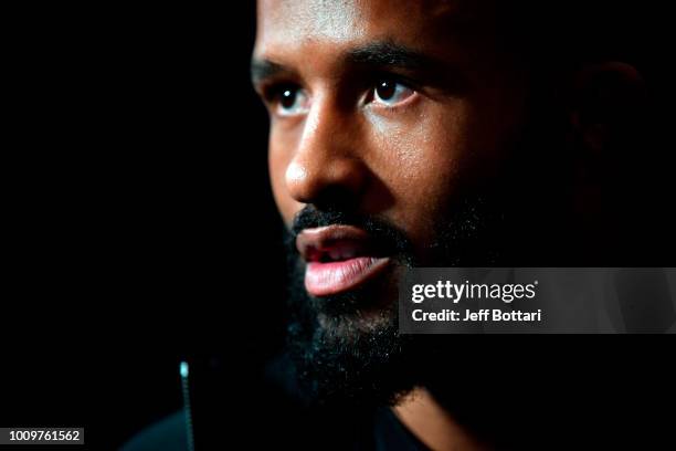 Flyweight champion Demetrious Johnson interacts with media during the UFC 227 Ultimate Media Day at Sheraton Grand Los Angeles on August 2, 2018 in...