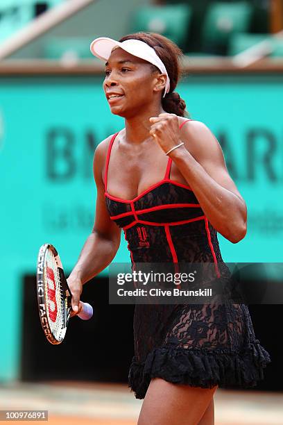 Venus Williams of the United States celebrates match point during the women's singles second round match between Venus Williams of the United States...