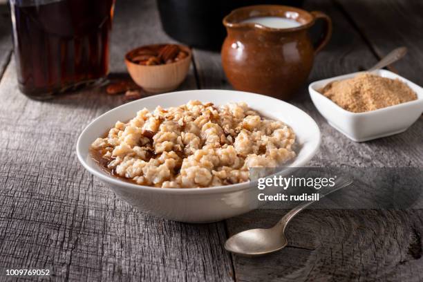 maple oatmeal - oatmeal stock pictures, royalty-free photos & images