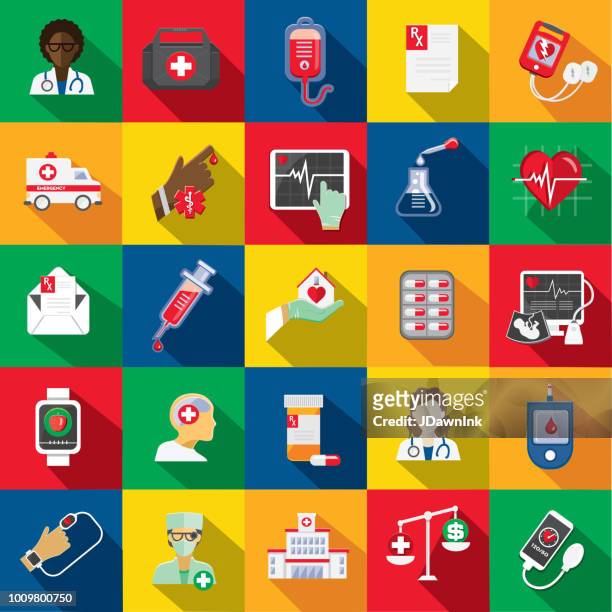 medical flat design themed icon set with shadow - diabetes pills stock illustrations