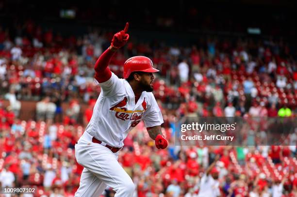 Jose Martinez of the St. Louis Cardinals celebrates after hitting a walk off two-run single during the ninth inning against the Colorado Rockies at...