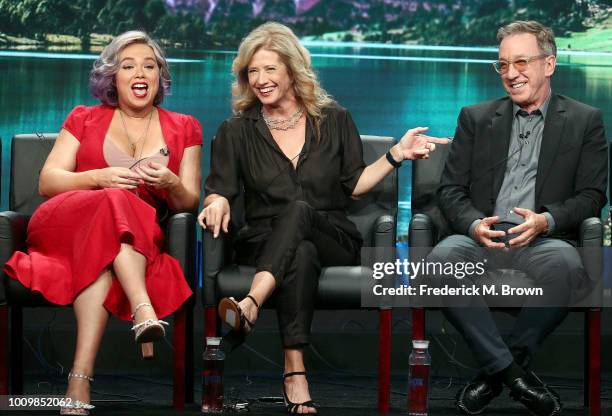 Actresses Amanda Fuller, and Nancy Travis and actor Tim Allen of the television show "Last Man Standing" speak during the FOX segment of the Summer...