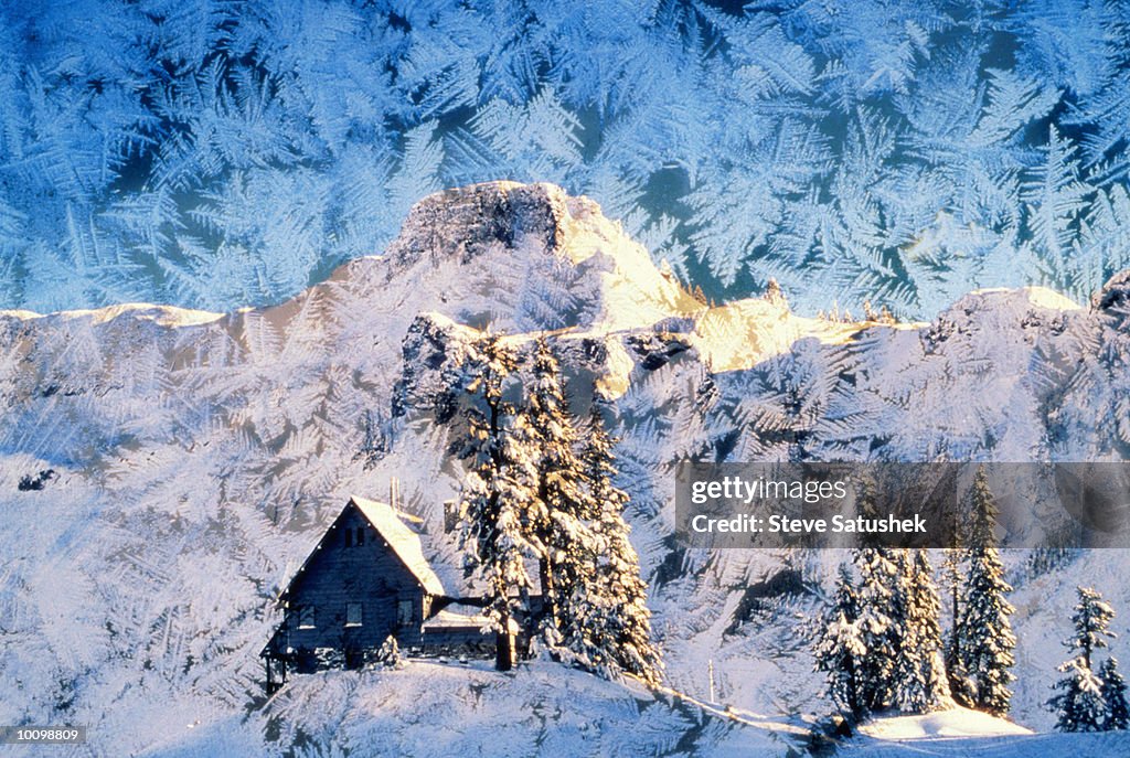 MOUNTAIN SCENE AND SNOWFLAKES