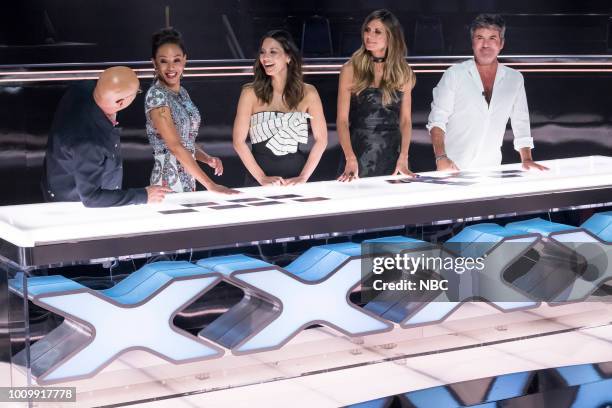 Judge Cuts" -- Pictured: Howie Mandel, Mel B, Olivia Munn, Heidi Klum, Simon Cowell --