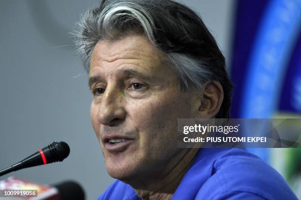 International Association of Athletics Federations President Sebastian Coe speaks during a news conference at the Africa Athletics Championships in...