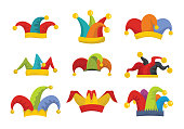 Jester fools hat icons set flat style