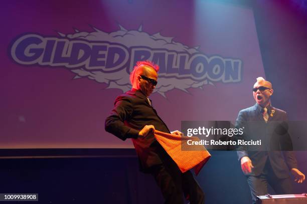 Comedians Ketch! and HIRO-PON of Gamarjobat perform on stage during Gilded Balloon 2018 Press Party, as part of the annual Edinburgh Fringe Festival,...