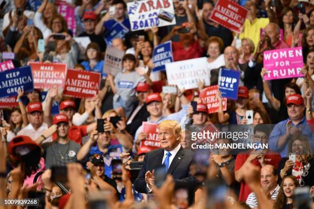 President Donald Trump speaks at a political rally at Mohegan Sun Arena in Wilkes-Barre, Pennsylvania on August 2, 2018.