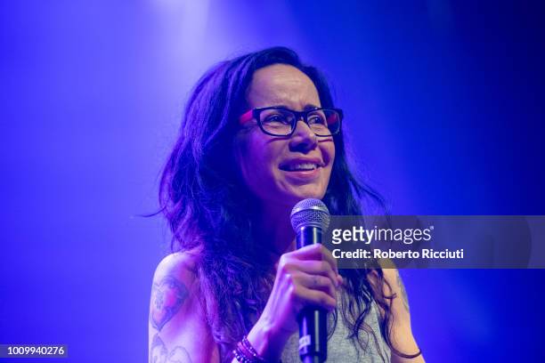 Janeane Garofalo performs on stage during Gilded Balloon 2018 Press Party, as part of the annual Edinburgh Fringe Festival, at Teviot Row House on...