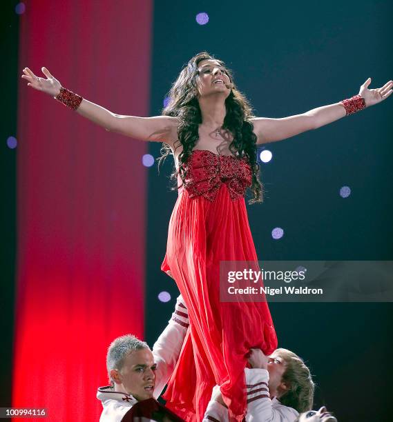 Sofia Nizharadze of Georgia performs during the dress rehearsal of the Eurovision Song Contest on May 26, 2010 in Oslo, Norway.