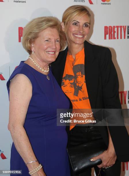 Barbara Marshall and Julia Roberts pose at a special performance of of the new musical based on the film "Pretty Woman" honoring director Garry...