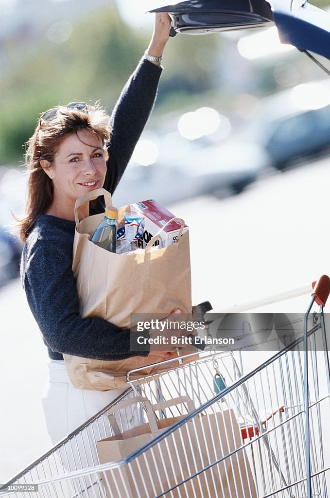 WOMAN WITH GROCERY CART IN PARKING LOT