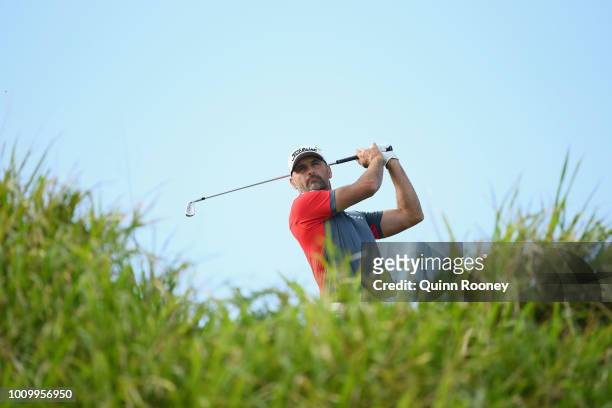 Michael Hendry of New Zealand tees off during Day Two at the Fiji International Golf Tournament on August 3, 2018 in Natadola, Fiji.