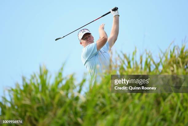 Marcus Fraser of Australia tees off during Day Two at the Fiji International Golf Tournament on August 3, 2018 in Natadola, Fiji.