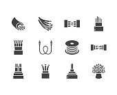Optical fiber flat glyph icons. Network connection, computer wire, cable bobbin, data transfer. Signs for electronics store, internet services. Solid silhouette pixel perfect 64x64