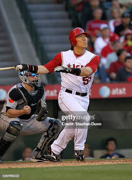Hideki Matsui of the Los Angeles Angels of Anaheim hits a two run home run in the sixth inning against the Toronto Blue Jays on May 26, 2010 at Angel...