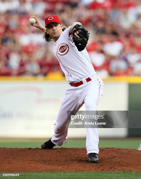 Bronson Arroyo of the Cincinnati Reds throws a pitch during the game against the Pittsburgh Pirates at Great American Ball Park on May 26, 2010 in...