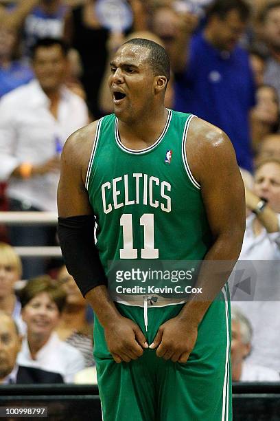 Glen Davis of the Boston Celtics reacts against the Orlando Magic in Game Five of the Eastern Conference Finals during the 2010 NBA Playoffs at Amway...